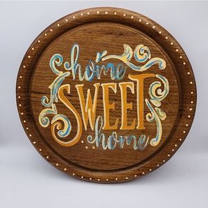 Handpainted Home Sweet Home sign in pumpkin, ocean, and charcoal